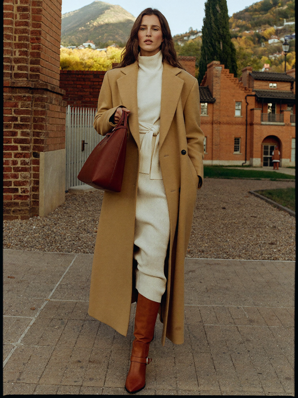 Camel wrap coat & cognac boots